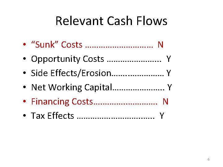 Relevant Cash Flows • • • “Sunk” Costs …………… N Opportunity Costs …………………. .