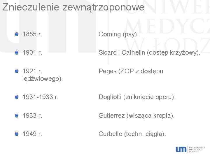 Znieczulenie zewnątrzoponowe 1885 r. Corning (psy). 1901 r. Sicard i Cathelin (dostęp krzyżowy). 1921