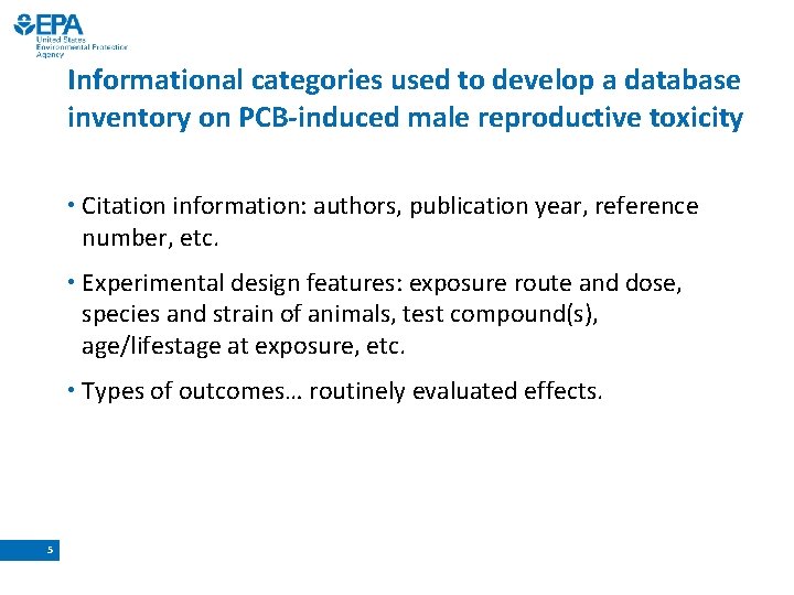 Informational categories used to develop a database inventory on PCB-induced male reproductive toxicity •