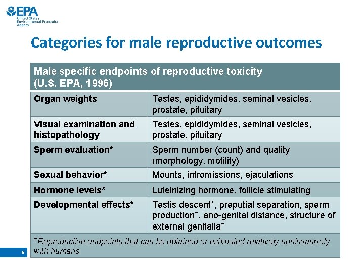 Categories for male reproductive outcomes Male specific endpoints of reproductive toxicity (U. S. EPA,