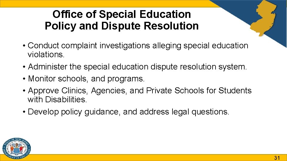 Office of Special Education Policy and Dispute Resolution • Conduct complaint investigations alleging special