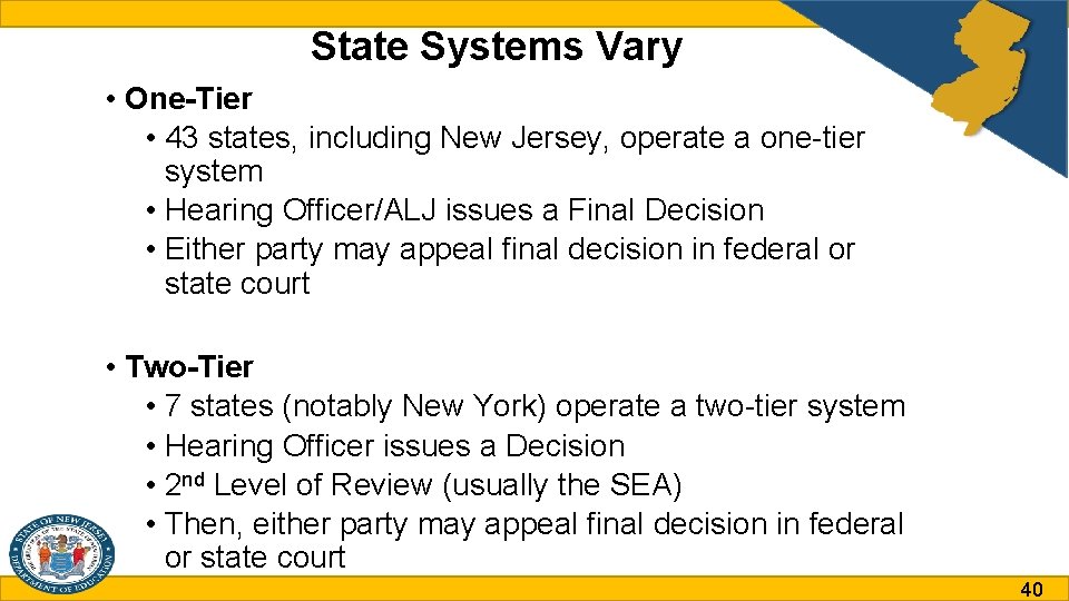 State Systems Vary • One-Tier • 43 states, including New Jersey, operate a one-tier