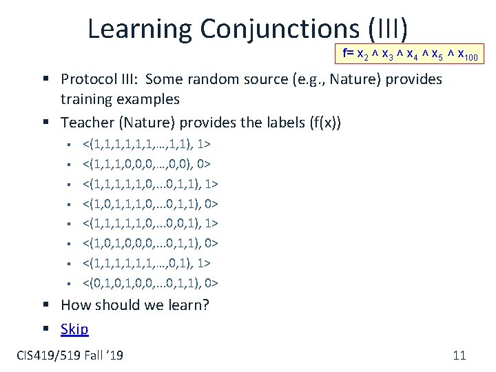 Learning Conjunctions (III) f= x 2 ˄ x 3 ˄ x 4 ˄ x