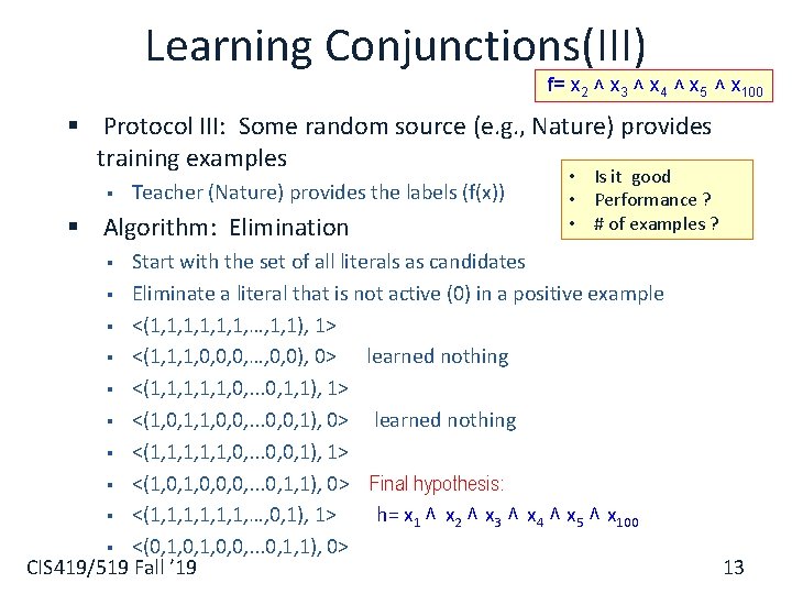 Learning Conjunctions(III) f= x 2 ˄ x 3 ˄ x 4 ˄ x 5