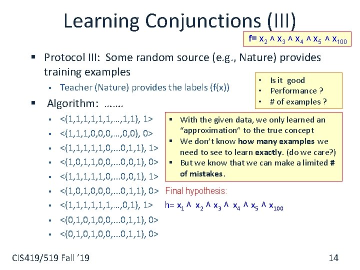 Learning Conjunctions (III) f= x 2 ˄ x 3 ˄ x 4 ˄ x