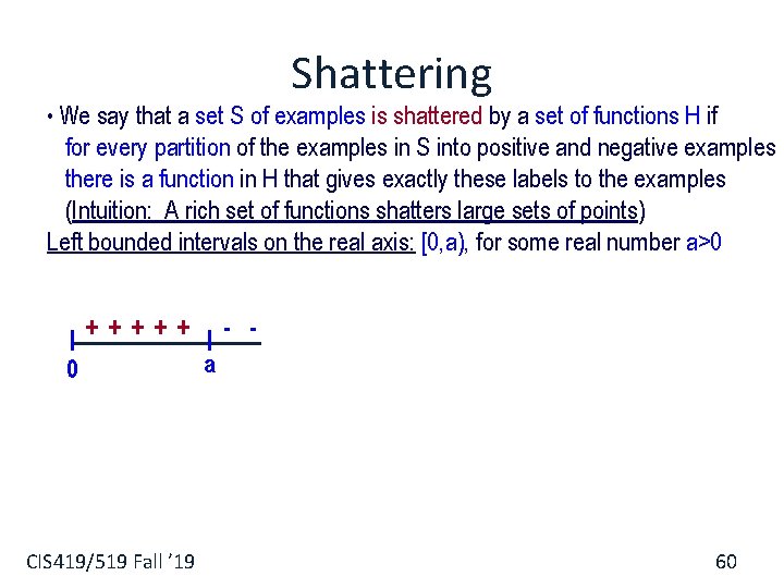 Shattering • We say that a set S of examples is shattered by a