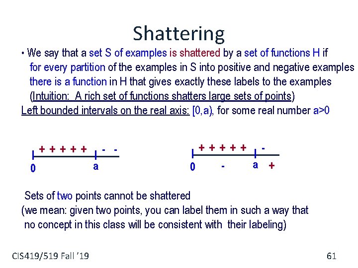 Shattering • We say that a set S of examples is shattered by a