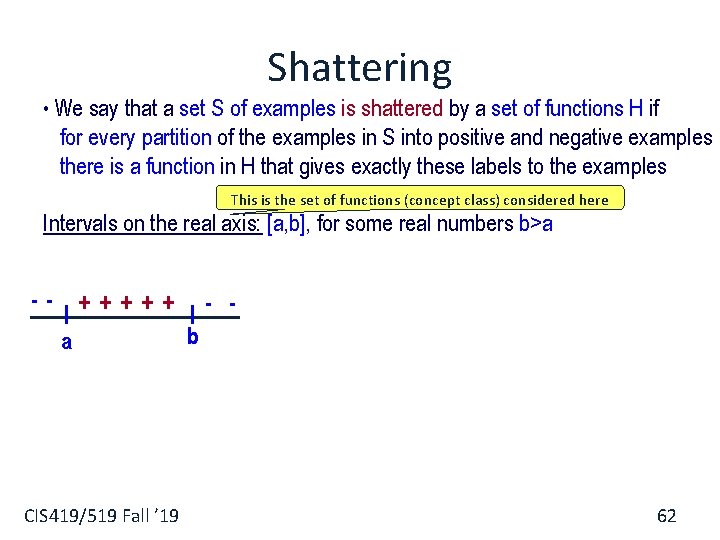 Shattering • We say that a set S of examples is shattered by a