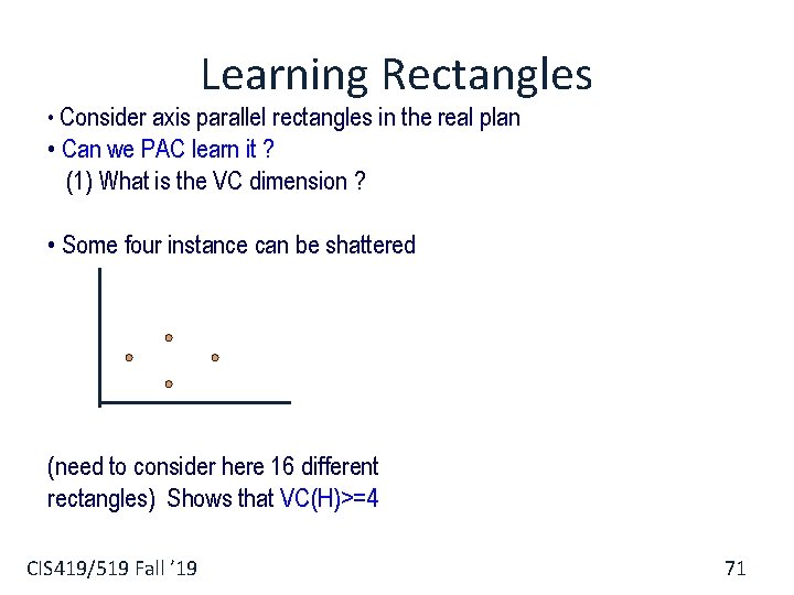 Learning Rectangles • Consider axis parallel rectangles in the real plan • Can we