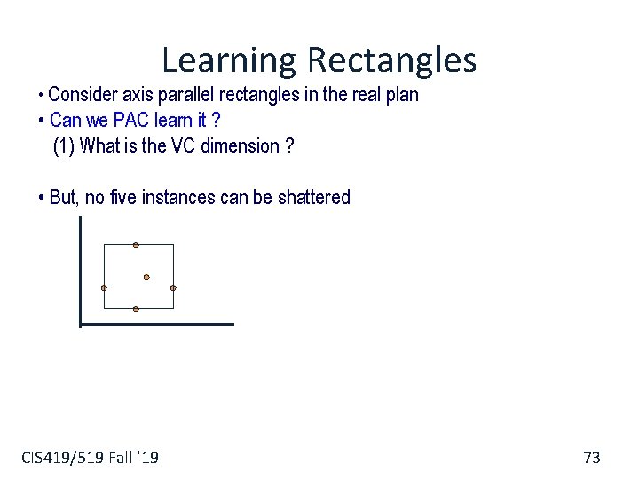 Learning Rectangles • Consider axis parallel rectangles in the real plan • Can we