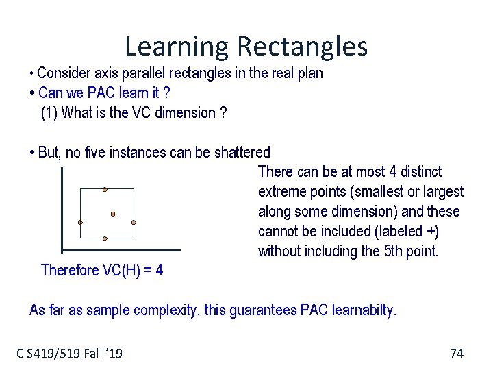 Learning Rectangles • Consider axis parallel rectangles in the real plan • Can we