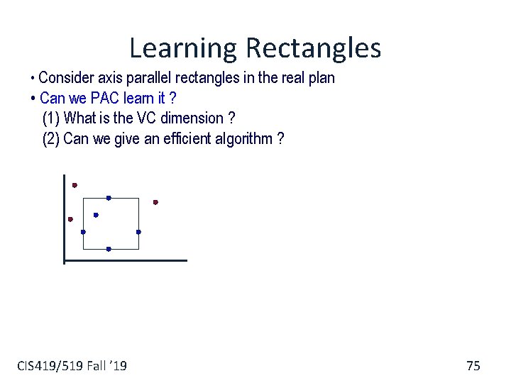 Learning Rectangles • Consider axis parallel rectangles in the real plan • Can we