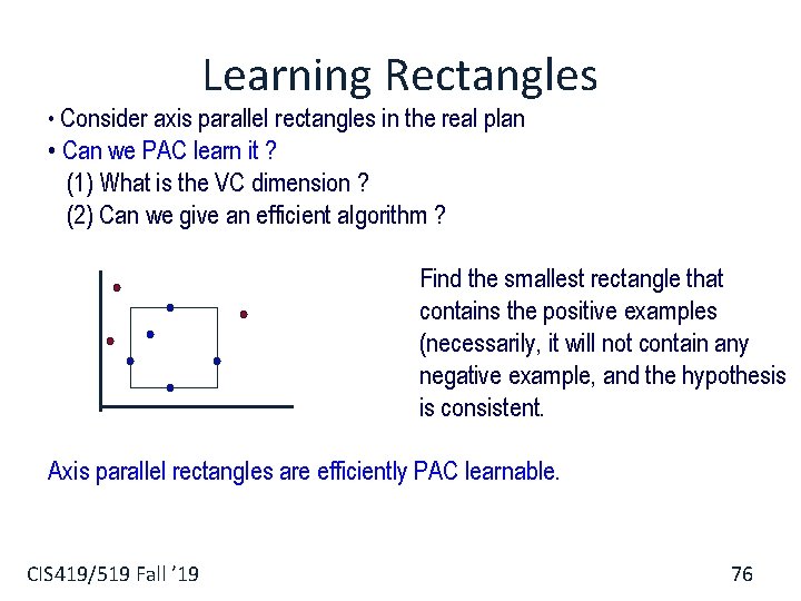 Learning Rectangles • Consider axis parallel rectangles in the real plan • Can we