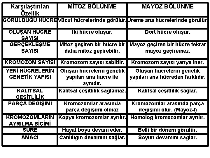 Karşılaştırılan Özellik MİTOZ BÖLÜNME MAYOZ BÖLÜNME GÖRÜLDÜĞÜ HÜCRE Vücut hücrelerinde görülür. Üreme ana hücrelerinde