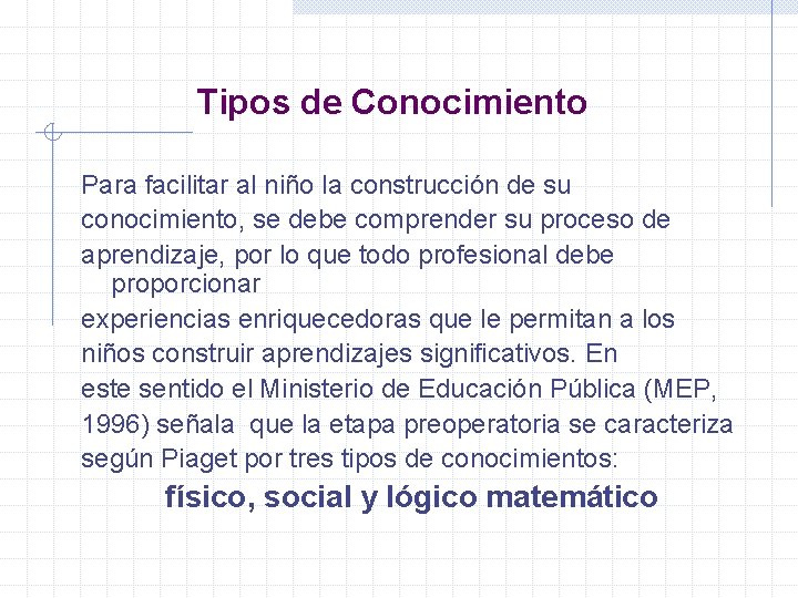 Tipos de Conocimiento Para facilitar al niño la construcción de su conocimiento, se debe