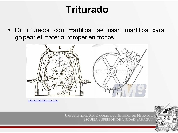 Triturado • D) triturador con martillos; se usan martillos para golpear el material romper