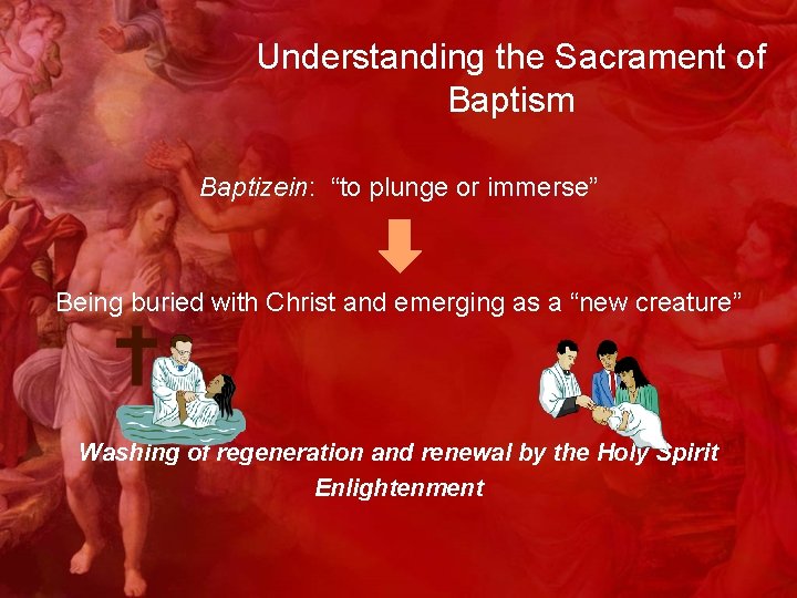 Understanding the Sacrament of Baptism Baptizein: “to plunge or immerse” Being buried with Christ