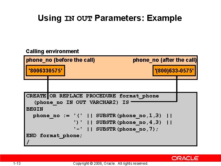Using IN OUT Parameters: Example Calling environment phone_no (before the call) phone_no (after the