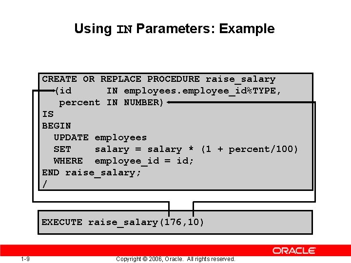 Using IN Parameters: Example CREATE OR REPLACE PROCEDURE raise_salary (id IN employees. employee_id%TYPE, percent