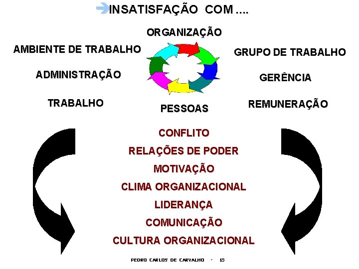 èINSATISFAÇÃO COM. . ORGANIZAÇÃO AMBIENTE DE TRABALHO GRUPO DE TRABALHO ADMINISTRAÇÃO TRABALHO GERÊNCIA REMUNERAÇÃO