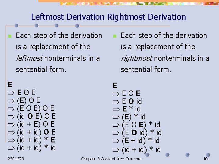 Leftmost Derivation Rightmost Derivation n Each step of the derivation is a replacement of