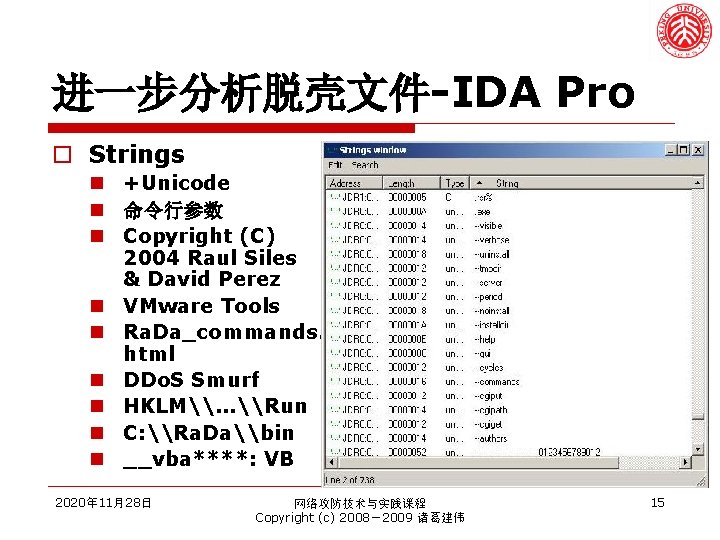 进一步分析脱壳文件-IDA Pro o Strings n +Unicode n 命令行参数 n Copyright (C) 2004 Raul Siles