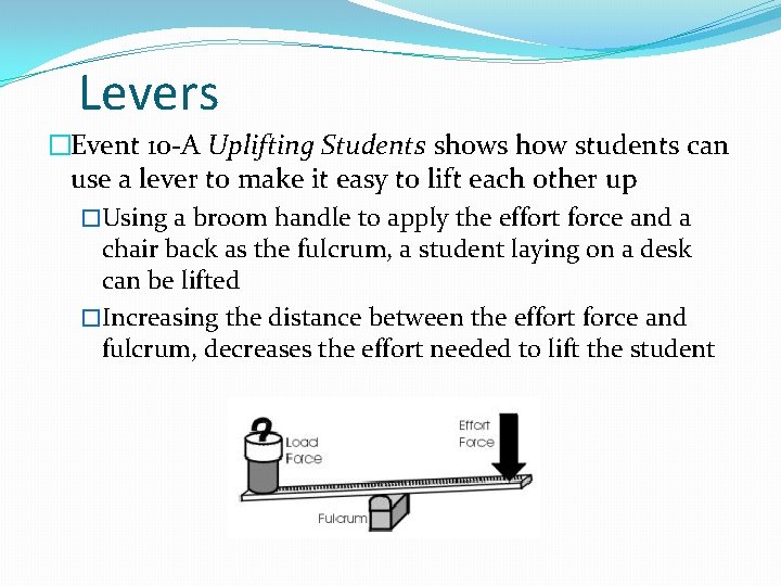 Levers �Event 10 -A Uplifting Students shows how students can use a lever to