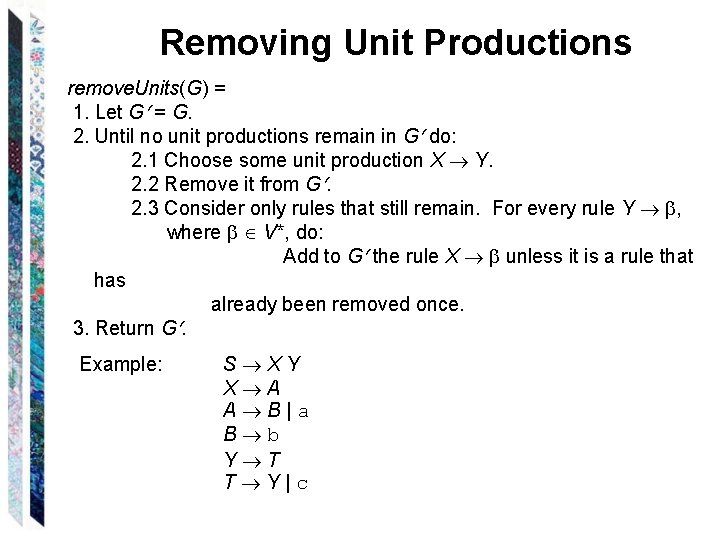 Removing Unit Productions remove. Units(G) = 1. Let G = G. 2. Until no