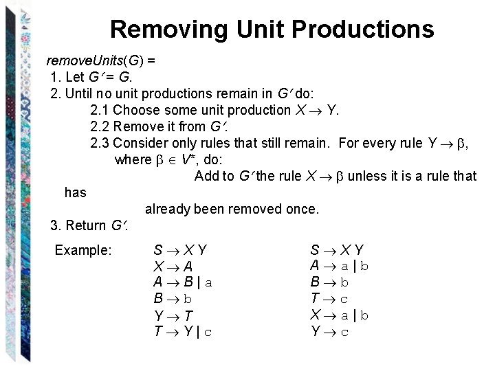 Removing Unit Productions remove. Units(G) = 1. Let G = G. 2. Until no