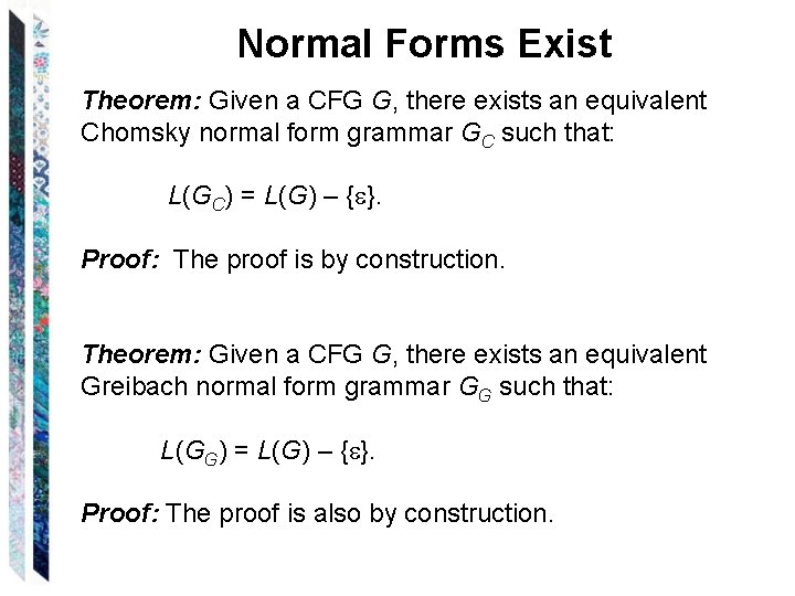 Normal Forms Exist Theorem: Given a CFG G, there exists an equivalent Chomsky normal