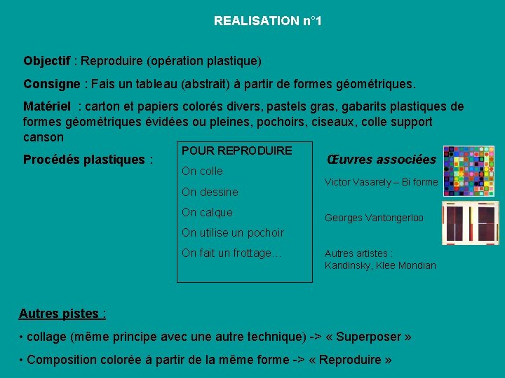 REALISATION n° 1 Objectif : Reproduire (opération plastique) Consigne : Fais un tableau (abstrait)