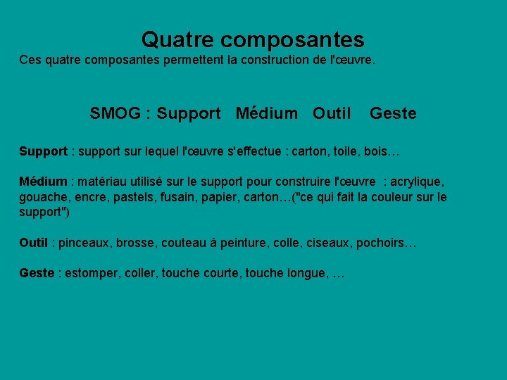 Quatre composantes Ces quatre composantes permettent la construction de l'œuvre. SMOG : Support Médium