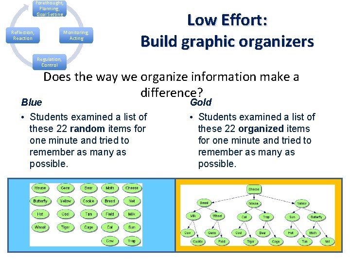 Forethought, Planning, Goal Setting Reflection, Reaction Monitoring, Acting Low Effort: Build graphic organizers Regulation,