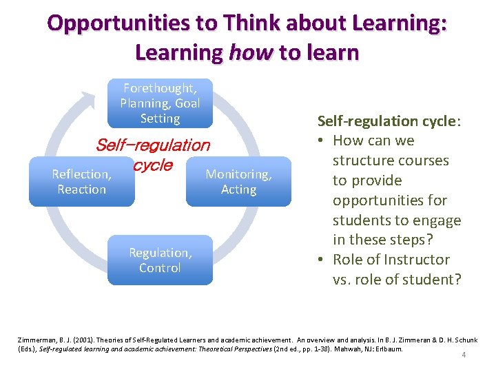 Opportunities to Think about Learning: Learning how to learn Forethought, Planning, Goal Setting Self-regulation