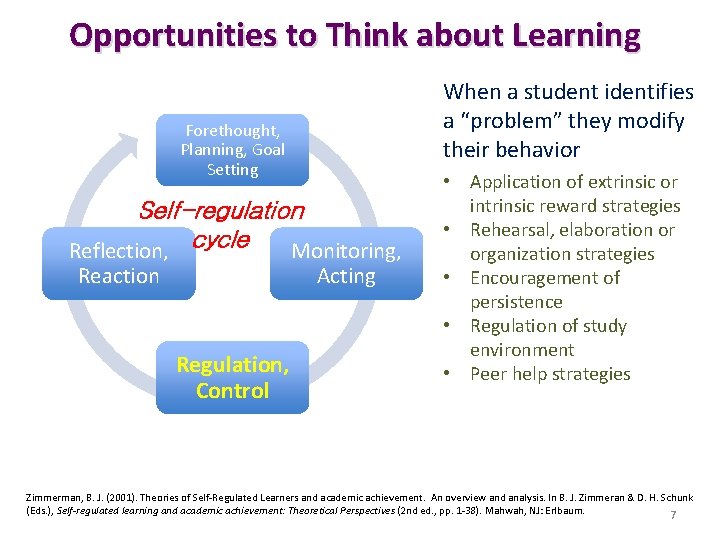 Opportunities to Think about Learning When a student identifies a “problem” they modify their