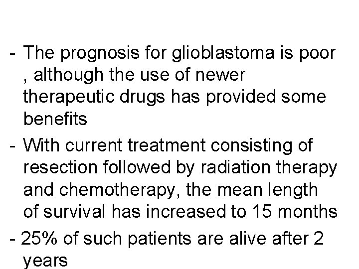 - The prognosis for glioblastoma is poor , although the use of newer therapeutic