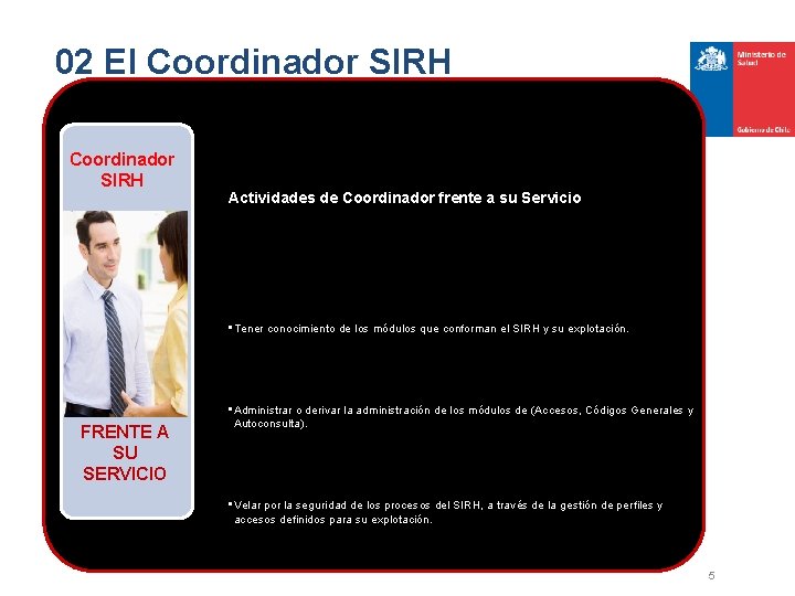 02 El Coordinador SIRH Actividades de Coordinador frente a su Servicio • Tener conocimiento