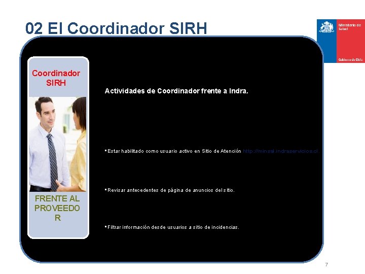 02 El Coordinador SIRH Actividades de Coordinador frente a Indra. • Estar habilitado como