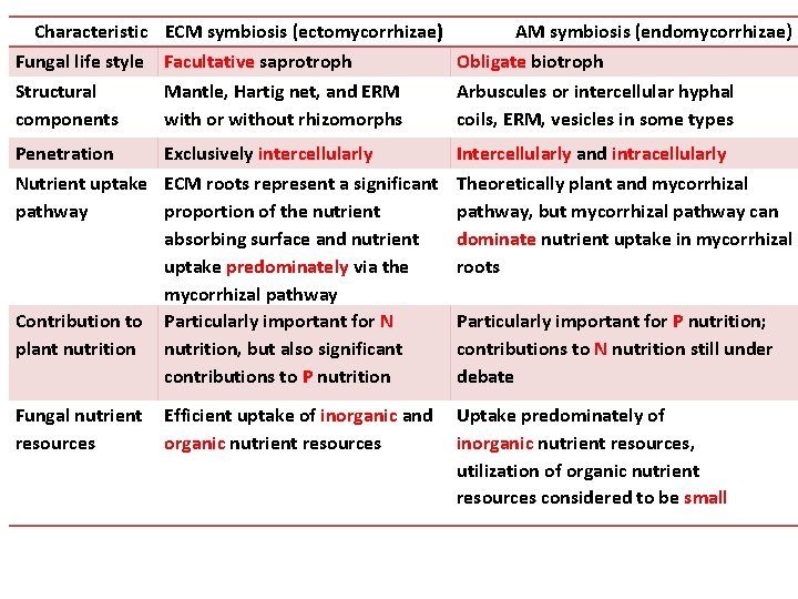 Characteristic ECM symbiosis (ectomycorrhizae) AM symbiosis (endomycorrhizae) Fungal life style Facultative saprotroph Obligate biotroph