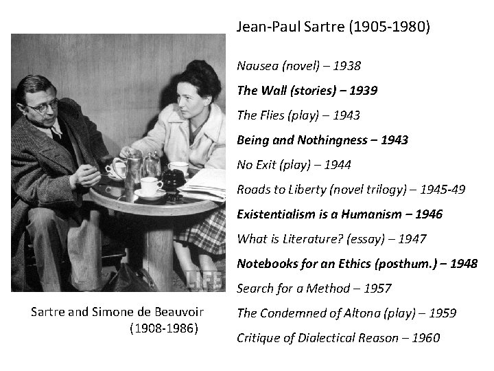 Jean-Paul Sartre (1905 -1980) Nausea (novel) – 1938 The Wall (stories) – 1939 The