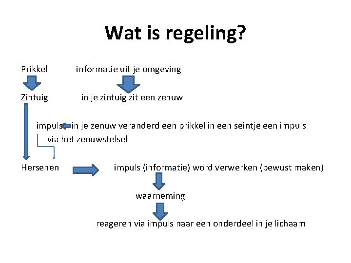 Wat is regeling? Prikkel informatie uit je omgeving Zintuig in je zintuig zit een