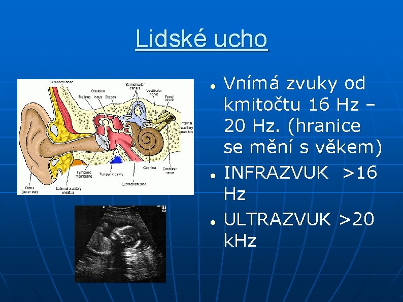 Lidské ucho Vnímá zvuky od kmitočtu 16 Hz – 20 Hz. (hranice se mění