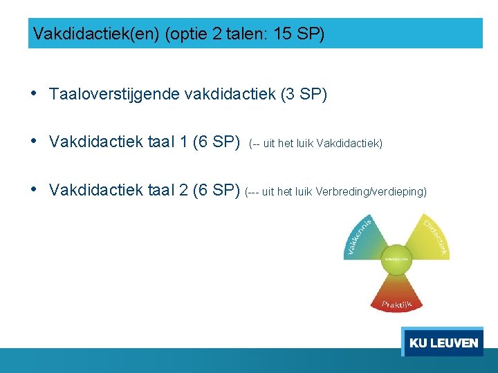 Vakdidactiek(en) (optie 2 talen: 15 SP) • Taaloverstijgende vakdidactiek (3 SP) • Vakdidactiek taal