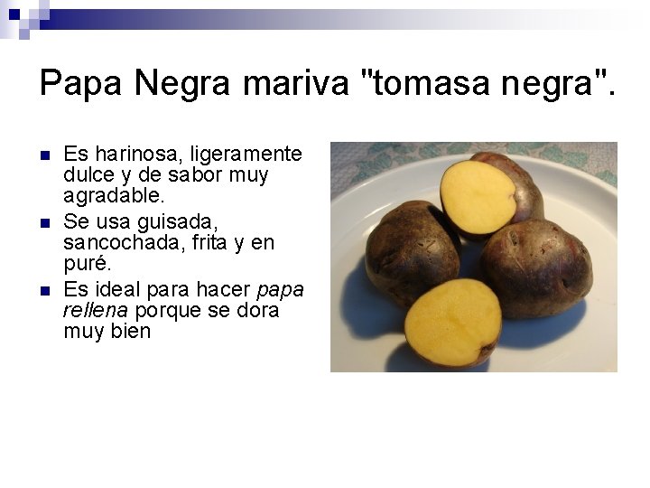 Papa Negra mariva "tomasa negra". n n n Es harinosa, ligeramente dulce y de Papa Negra mariva "tomasa negra". n n n Es harinosa, ligeramente dulce y de