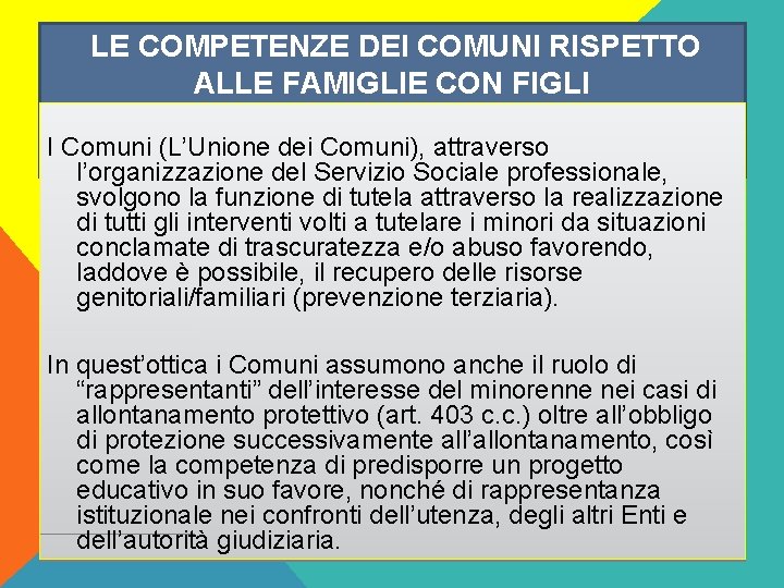 LE COMPETENZE DEI COMUNI RISPETTO ALLE FAMIGLIE CON FIGLI I Comuni (L’Unione dei Comuni),