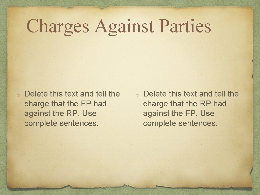 Charges Against Parties Delete this text and tell the charge that the FP had