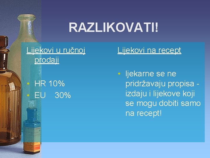 RAZLIKOVATI! Lijekovi u ručnoj prodaji • HR 10% • EU 30% Lijekovi na recept RAZLIKOVATI! Lijekovi u ručnoj prodaji • HR 10% • EU 30% Lijekovi na recept
