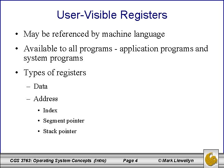 User-Visible Registers • May be referenced by machine language • Available to all programs