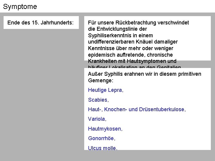 Symptome Ende des 15. Jahrhunderts: Für unsere Rückbetrachtung verschwindet die Entwicklungslinie der Syphiliserkenntnis in