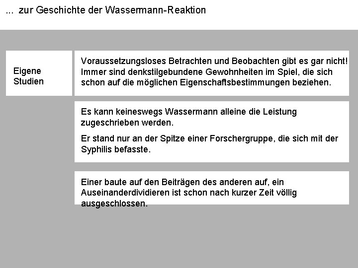 . . . zur Geschichte der Wassermann-Reaktion Eigene Studien Voraussetzungsloses Betrachten und Beobachten gibt